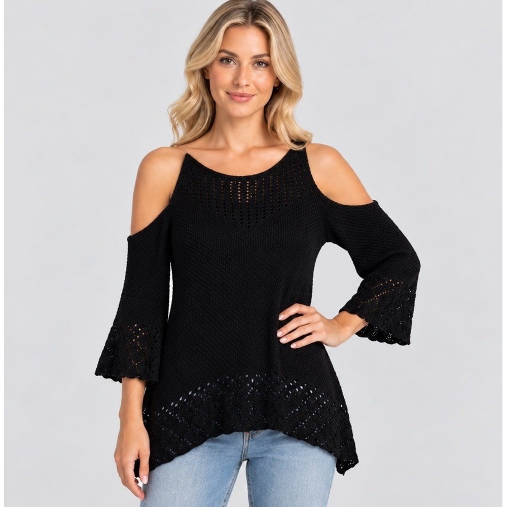 Lauren Conrad Women's M Black Crochet Sweater Cold Shoulder Open Bell Flare